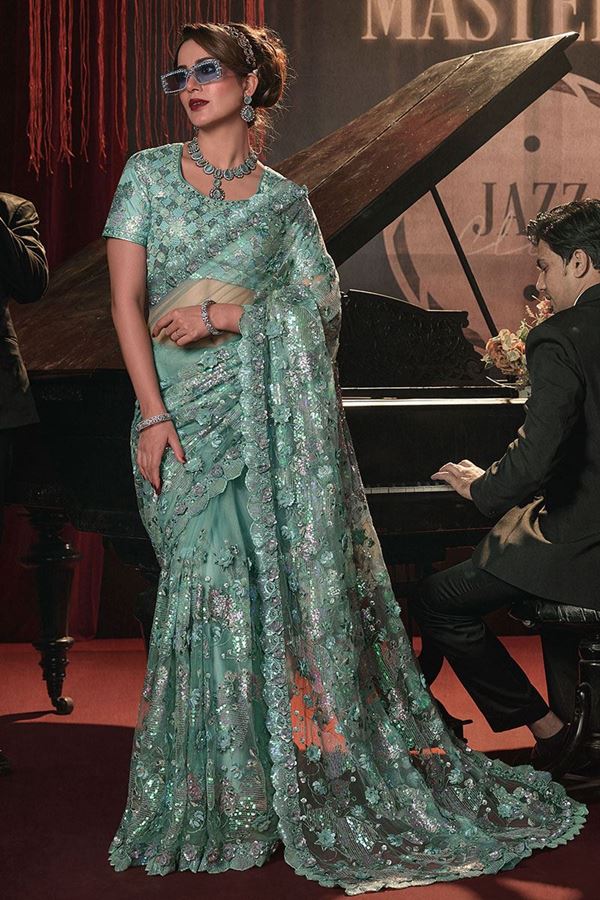 Picture of Trendy Sea Green Colored Designer Saree