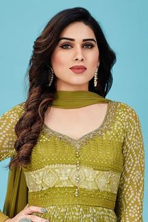 Picture of Pretty Olive Colored Designer Readymade Anarkali Suit