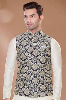 Picture of Fashionable Navy Blue Colored Designer Readymade Nehru style Jackets