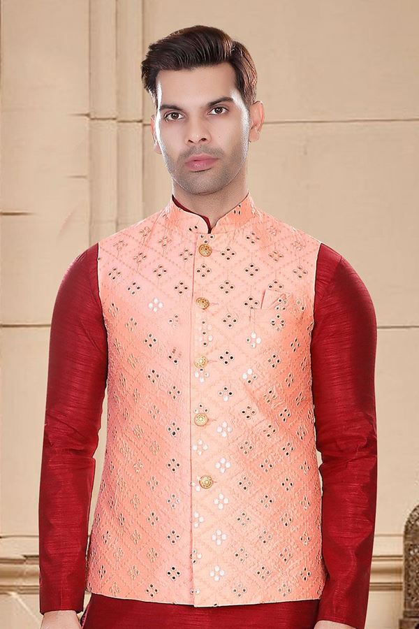 Picture of Stylish Peach Colored Designer Readymade Nehru style Jackets