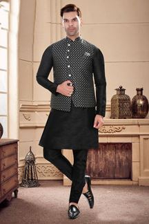 Picture of Charismatic Black Colored Designer Readymade Kurta, Payjama with Jacket Sets