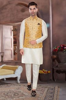 Picture of Captivating Cream Colored Designer Readymade Kurta, Payjama with Jacket Sets