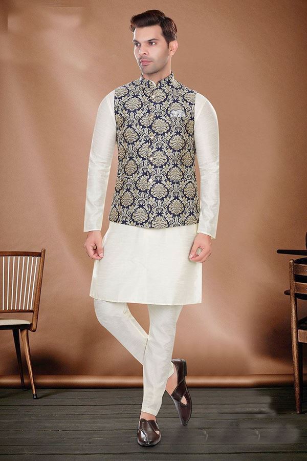 Picture of Attractive Cream Colored Designer Readymade Kurta, Payjama with Jacket Sets