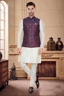 Picture of Spectacular Cream Colored Designer Readymade Kurta, Payjama with Jacket Sets