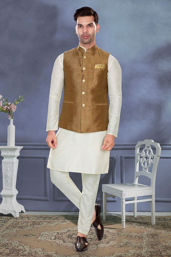 Picture of Royal Cream Colored Designer Readymade Kurta, Payjama with Jacket Sets