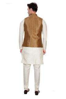 Picture of Royal Cream Colored Designer Readymade Kurta, Payjama with Jacket Sets