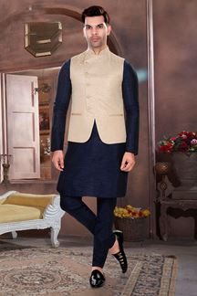 Picture of Vibrant Navy Blue Colored Designer Readymade Kurta, Payjama with Jacket Sets