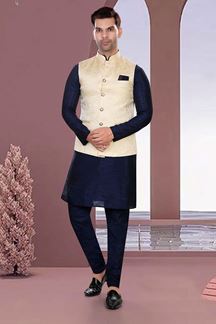 Picture of Amazing Navy Blue Colored Designer Readymade Kurta, Payjama with Jacket Sets