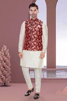 Picture of Awesome Cream Colored Designer Readymade Kurta, Payjama with Jacket Sets