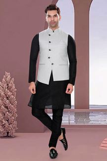 Picture of Artistic Black Colored Designer Readymade Kurta, Payjama with Jacket Sets
