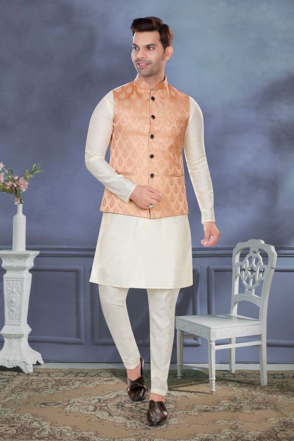 Picture of Aesthetic Cream Colored Designer Readymade Kurta, Payjama with Jacket Sets