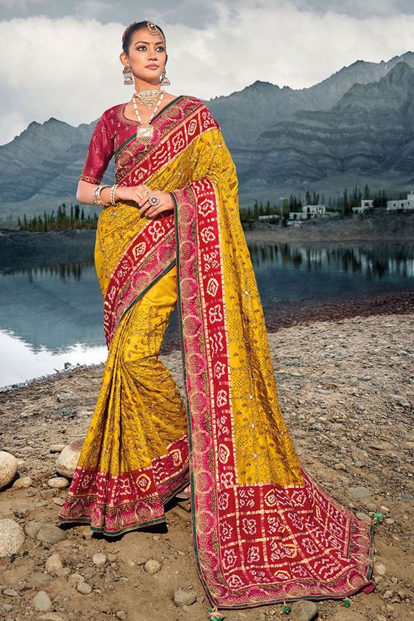 Picture of Glamorous Mustard and Red Colored Designer Saree