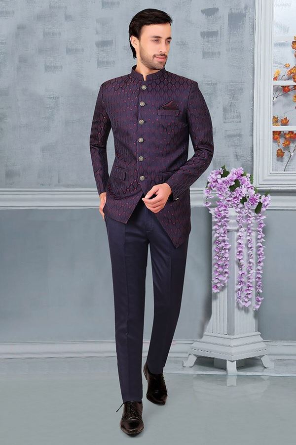 Picture of Vibrant Blue and Wine Colored Designer Readymade Men's Jodhpuri Suit