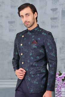 Picture of Royal Blue and Firozi Colored Designer Readymade Men's Jodhpuri Suit