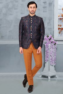 Picture of Splendid Blue and Gold Colored Designer Readymade Men's Jodhpuri Suit