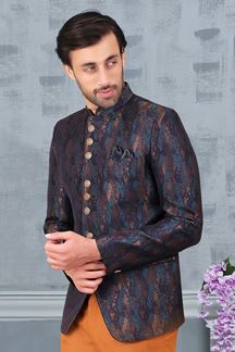 Picture of Splendid Blue and Gold Colored Designer Readymade Men's Jodhpuri Suit