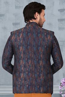 Picture of Splendid Blue and Gold Colored Designer Readymade Men's Jodhpuri Suit