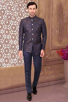 Picture of Captivating Blue and Gold Colored Designer Readymade Men's Jodhpuri Suit