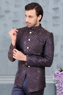 Picture of Captivating Blue and Gold Colored Designer Readymade Men's Jodhpuri Suit