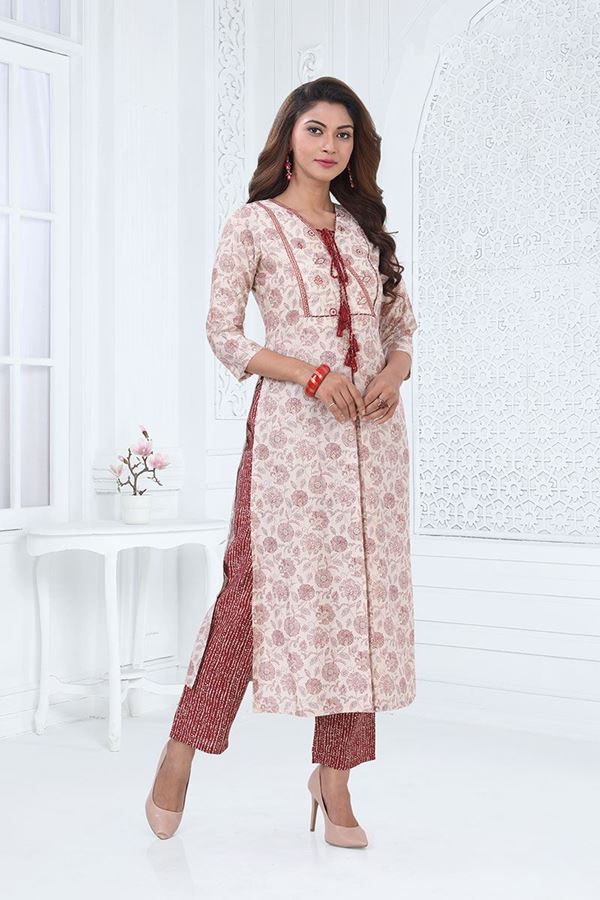 Picture of Awesome Red and Off-White Colored Designer Readymade Kurti Set