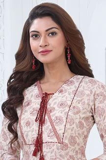 Picture of Awesome Red and Off-White Colored Designer Readymade Kurti Set