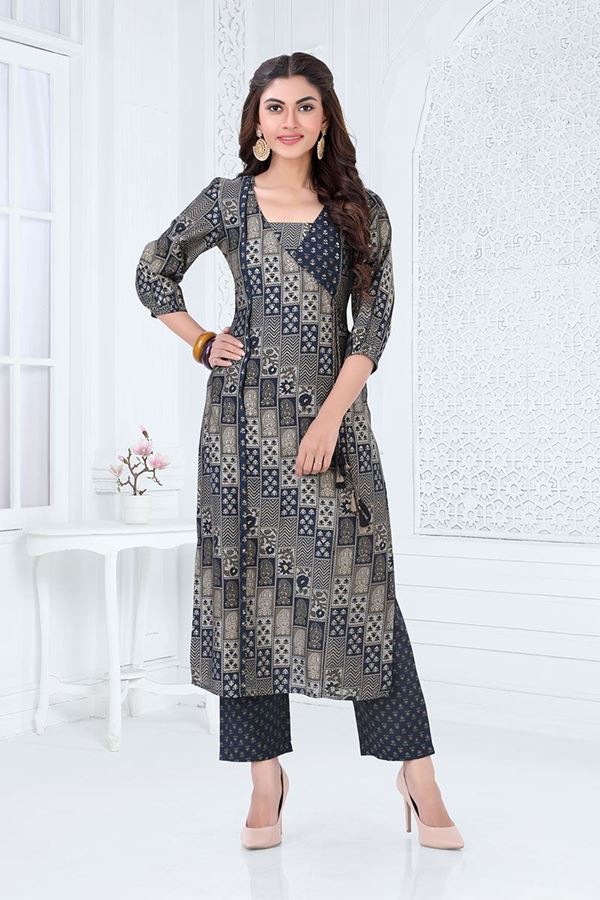 Picture of Flamboyant Navy Blue Colored Designer Readymade Kurti Set