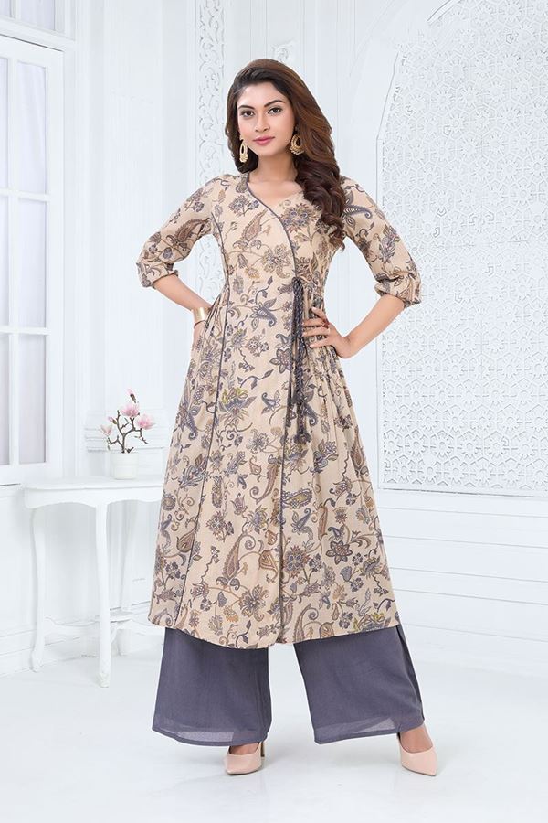 Picture of Outstanding Grey and Beige Colored Designer Readymade Kurti Set
