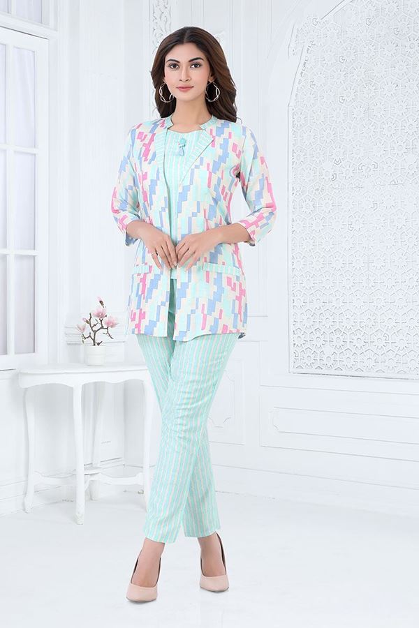 Picture of Royal Multi and Sky Blue Colored Designer Readymade Co-ord Set
