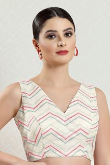 Picture of Flawless Off-White Silk Sleeveless Readymade Blouse for Party wear