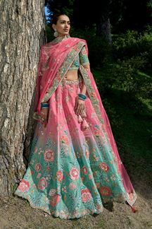 Picture of Dazzling Pink and Blue Silk Ethnic Lehenga Choli for Wedding