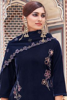 Picture of Delightful Navy Blue Colored Designer Straight Cut Suits for Party, Wedding, Engagement, or Festive (Unstitched suit)