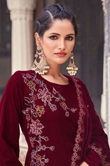 Picture of Artistic Maroon Colored Designer Straight Cut Suits for Party, Wedding, Engagement, or Festive (Unstitched suit)