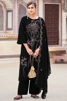 Picture of Lovely Black Colored Designer Straight Cut Suits for Party, Wedding, Engagement, or Festive (Unstitched suit)