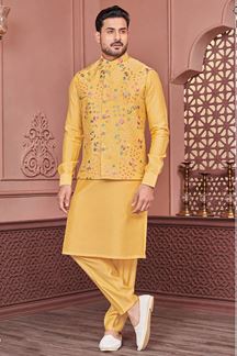 Picture of Attractive Mustard Designer Readymade Kurta Jacket Set for Wedding or Haldi