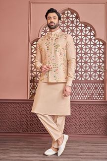 Picture of Dashing Light Fone Colored Designer Readymade Kurta, Payjama, and Jacket Set for Wedding or Festive