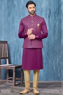 Picture of Appealing Purple Colored Designer Readymade Kurta, Payjama, and Jacket Set for Wedding or Festive