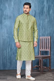 Picture of Fashionable Green Colored Designer Readymade Kurta, Payjama, and Jacket Set for Wedding or Festive