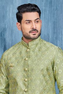Picture of Fashionable Green Colored Designer Readymade Kurta, Payjama, and Jacket Set for Wedding or Festive