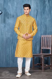 Picture of Magnificent Yellow Colored Designer Readymade Kurta, Payjama, and Jacket Set for Wedding or Festive