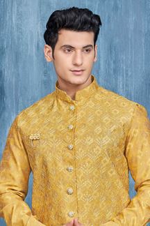 Picture of Magnificent Yellow Colored Designer Readymade Kurta, Payjama, and Jacket Set for Wedding or Festive