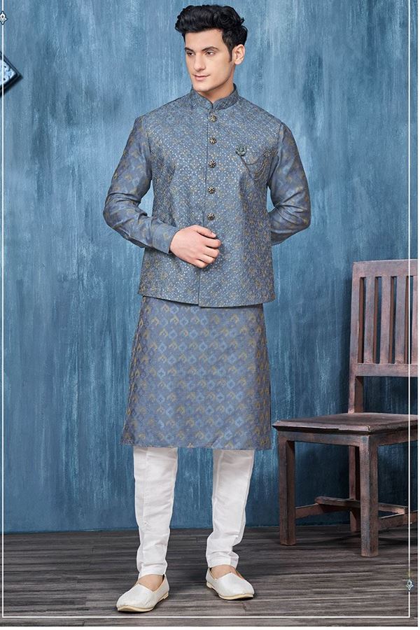 Picture of Marvelous Blue Colored Designer Readymade Kurta, Payjama, and Jacket Set for Wedding or Festive
