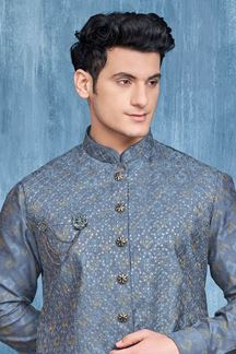 Picture of Marvelous Blue Colored Designer Readymade Kurta, Payjama, and Jacket Set for Wedding or Festive