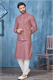 Picture of Fancy Onion Colored Designer Readymade Kurta, Payjama, and Jacket Set for Wedding or Festive