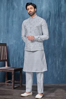 Picture of Elegant Light Grey Colored Designer Readymade Kurta, Payjama, and Jacket Set for Wedding or Festive