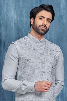 Picture of Elegant Light Grey Colored Designer Readymade Kurta, Payjama, and Jacket Set for Wedding or Festive