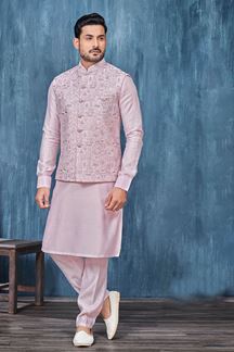 Picture of Classy Light Onion Colored Designer Readymade Kurta, Payjama, and Jacket Set for Wedding or Festive
