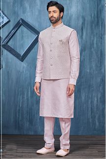Picture of Charming Light Onion Colored Designer Readymade Kurta, Payjama, and Jacket Set for Wedding or Festive