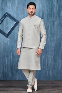 Picture of Exquisite Grey Colored Designer Readymade Kurta, Payjama, and Jacket Set for Wedding or Festive