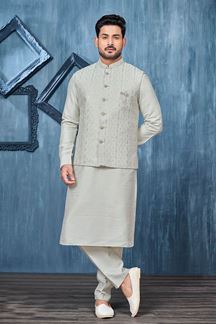 Picture of Stylish Grey Colored Designer Readymade Kurta, Payjama, and Jacket Set for Wedding or Festive