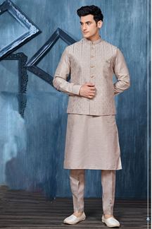 Picture of Aesthetic Dessert Brown Colored Designer Readymade Kurta, Payjama, and Jacket Set for Wedding or Festive